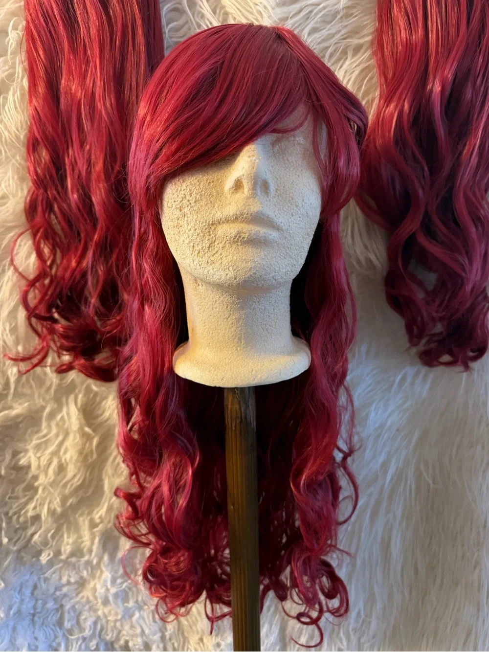 Deep Red Long Wavy Women’s Wig with Side Bangs and clip ons
